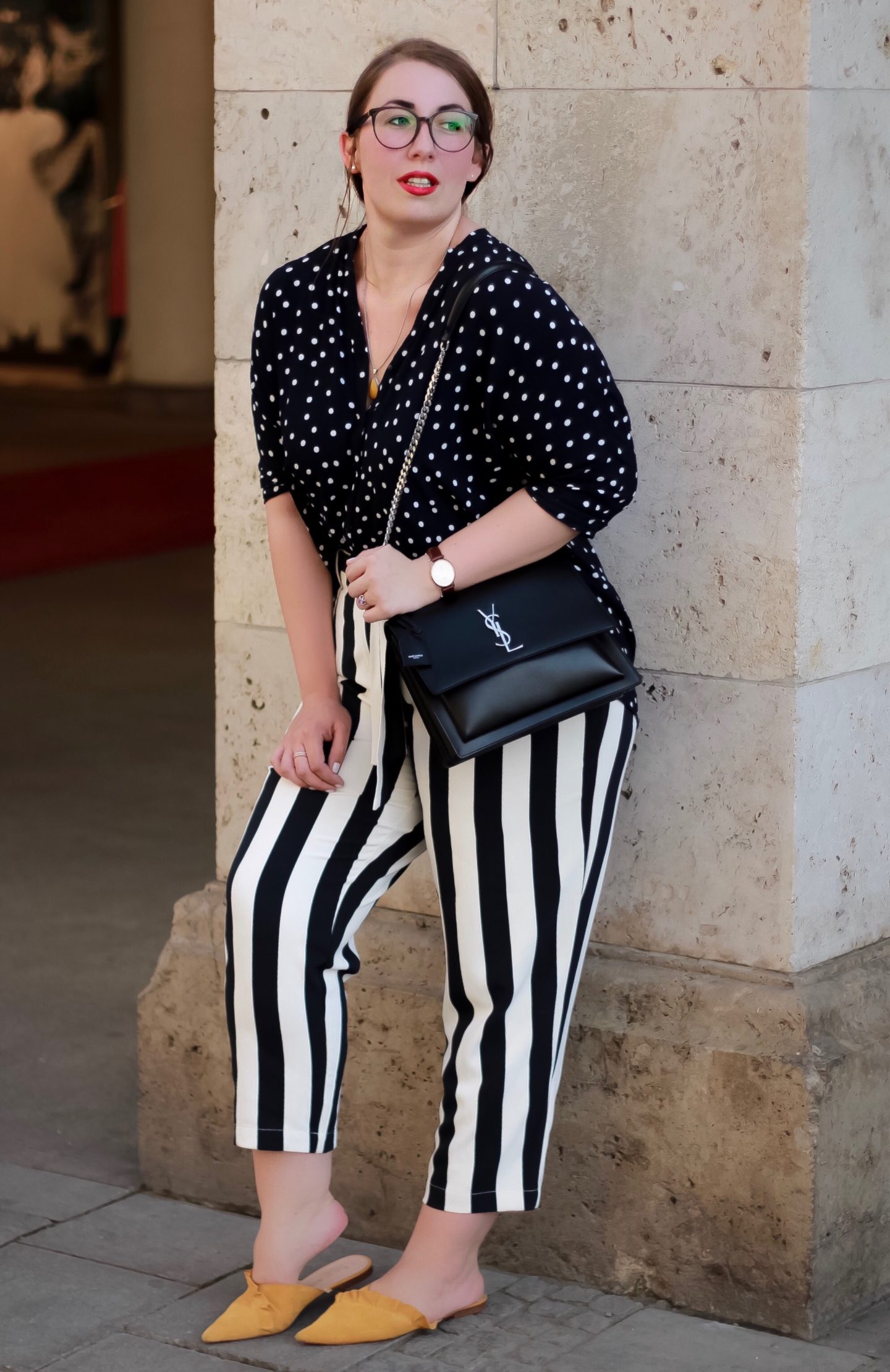 Outfit-Mustermix-Polka-Dots-Streifen-YSL-Saint-Laurent-Sunset-Miss-Suzie-Loves-Susanne-Heidebach-München-Lodenfrey-Fashionblogger